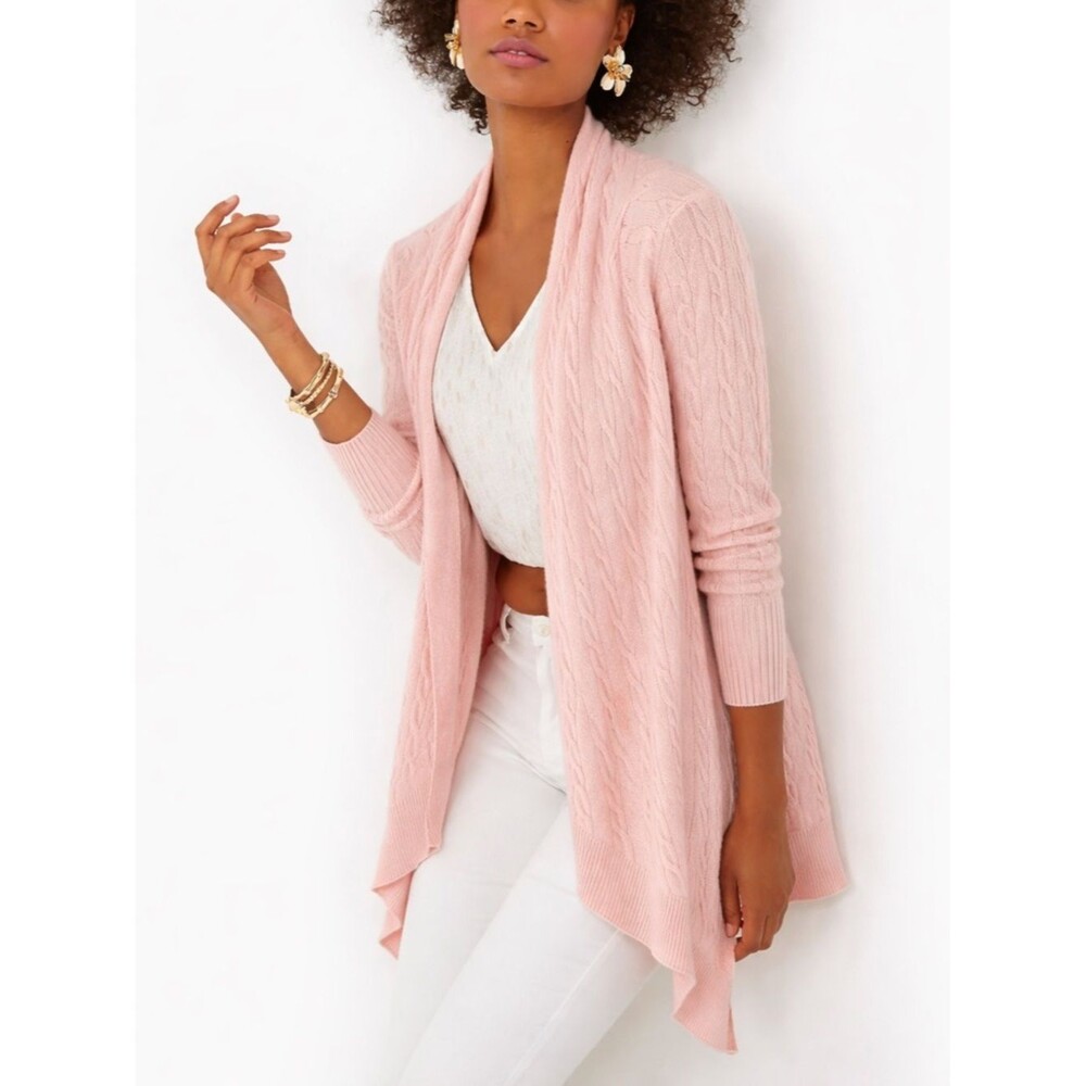 Lilly Pulitzer Soft Cashmere Cable Shawl Cardigan Sweater Wrap in Pale Pink Chic